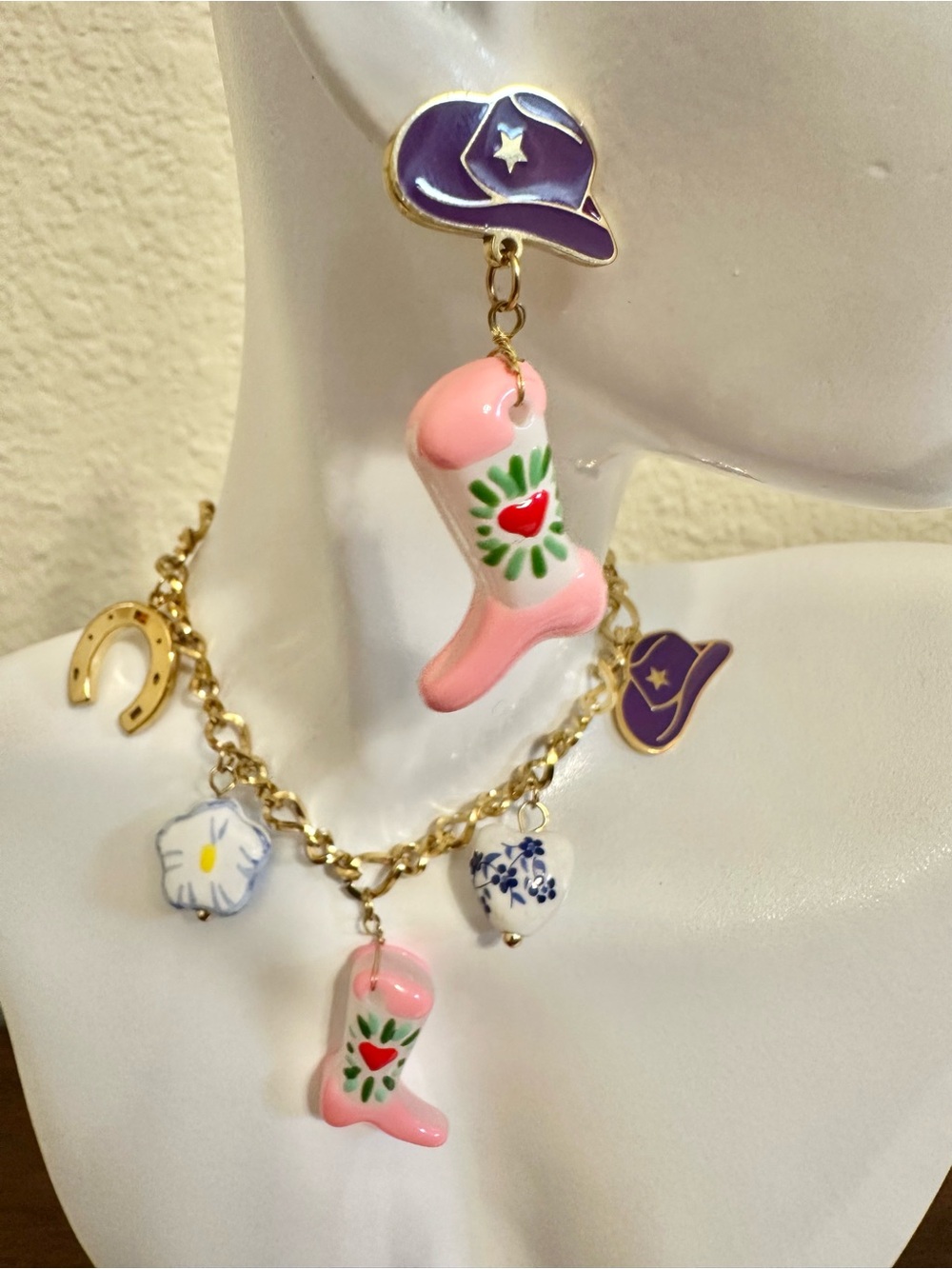 Up to 7-1/2” 18k Gold Plated Cowboy Charms Bracelet & Matching Earrings (Set)